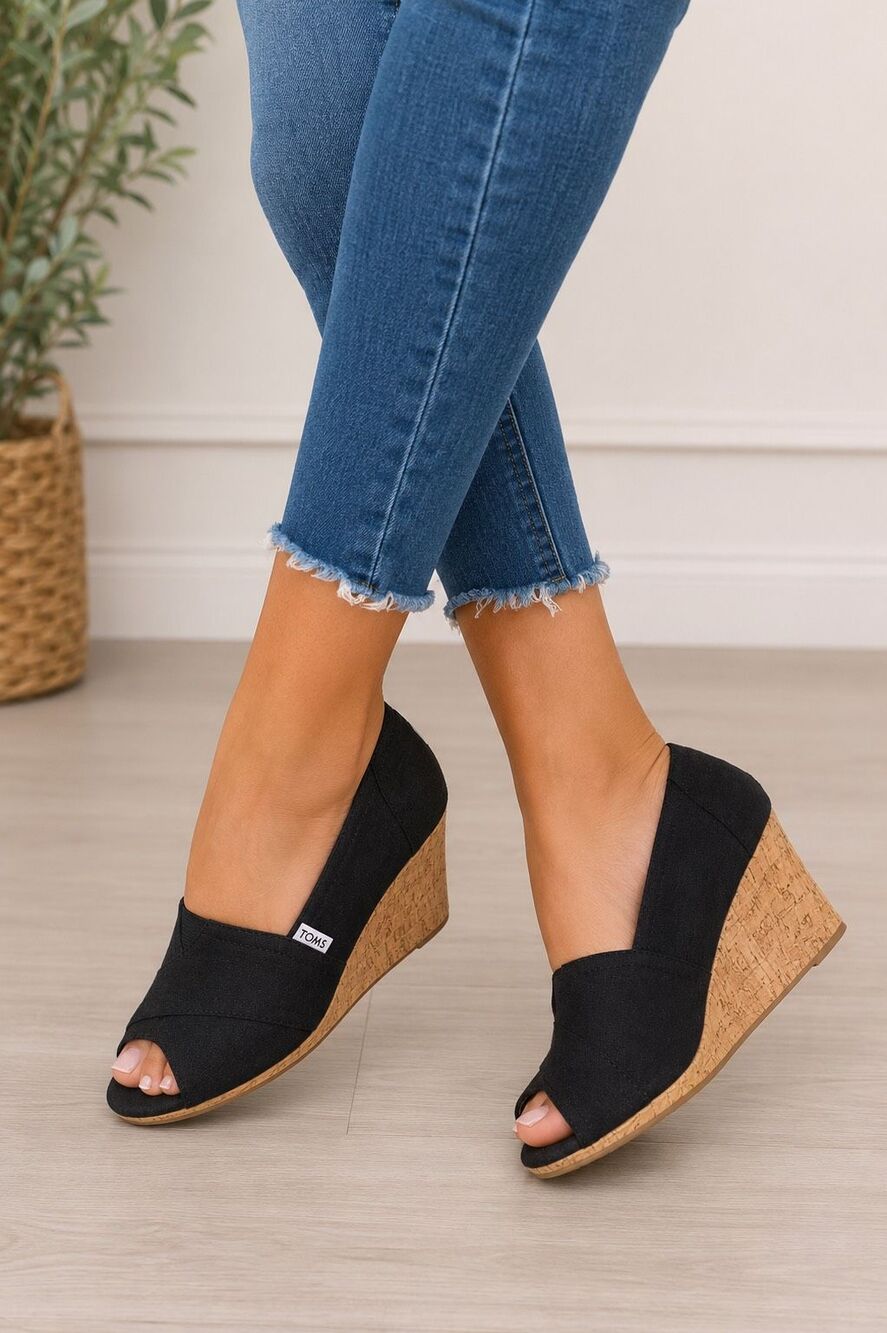 TOMS Black Canvas Cork Wedge Peep Toe Shoes Women’s 7.5 Comfort Heels